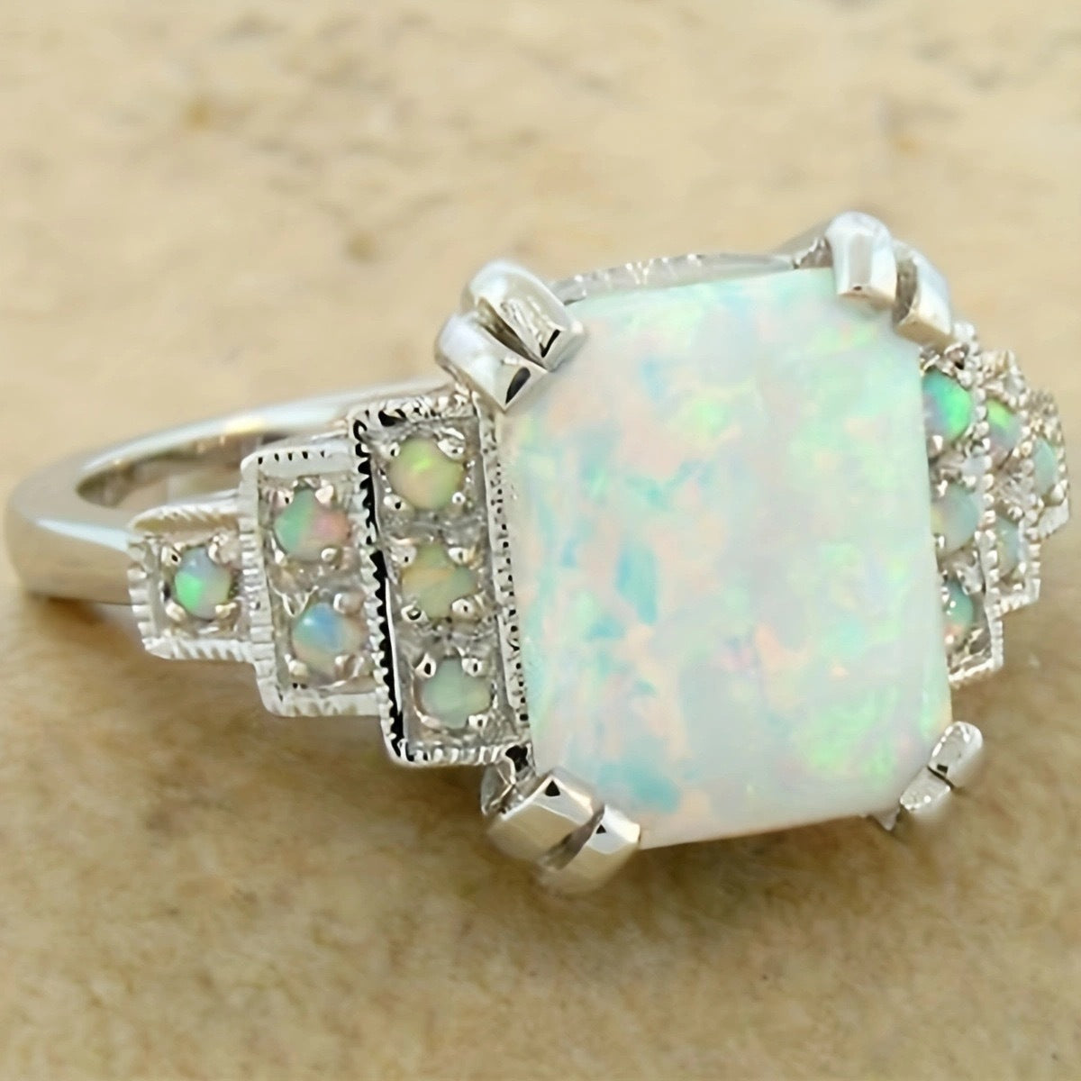 Women's Square White Opal Antique Sier Hand Jewelry Rings