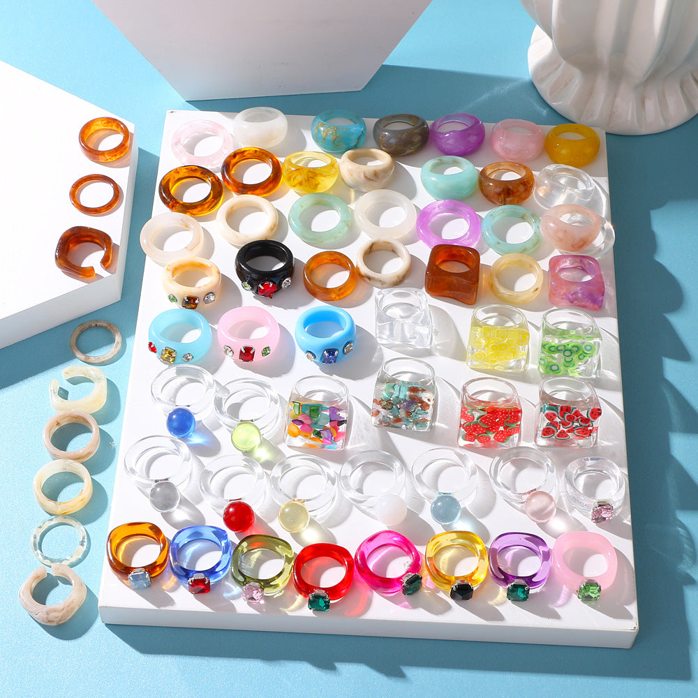Colorful Transparent Resin Simple Inlaid Jewel Princess Pink Gem Rings