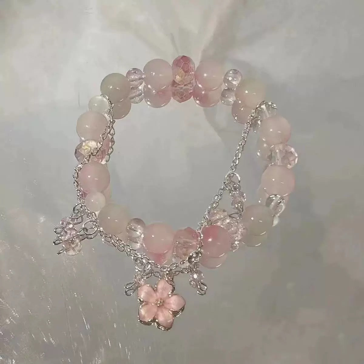 Peach Pink Glass Beaded Fresh Sweet Temperament White Bow Pony Bracelets