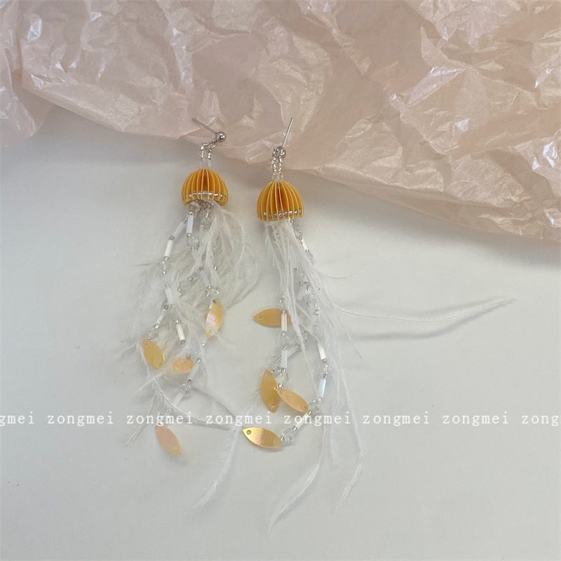 Fairy Feather Beaded Tassel Ear Clip Earrings