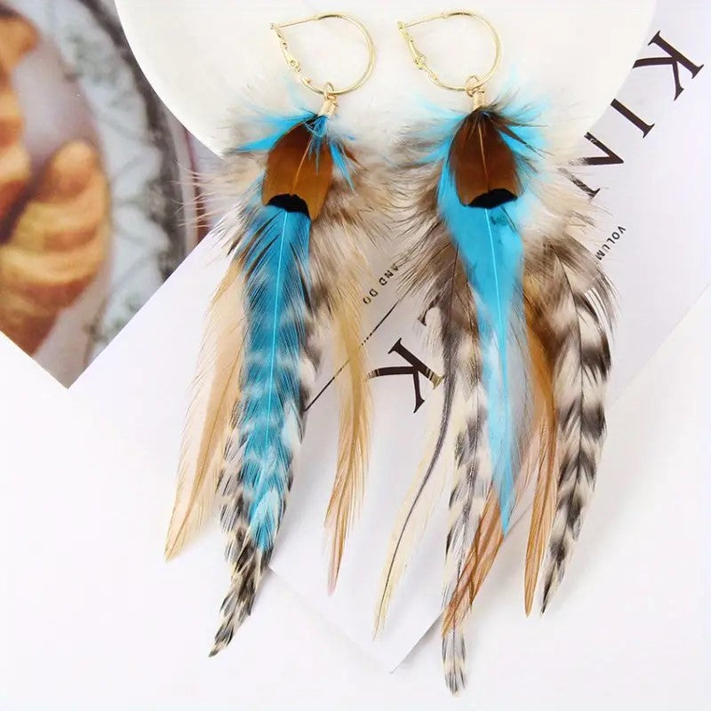Bohemian Feather Elegance Retro Long Exaggerated Personalized Tassel Earrings