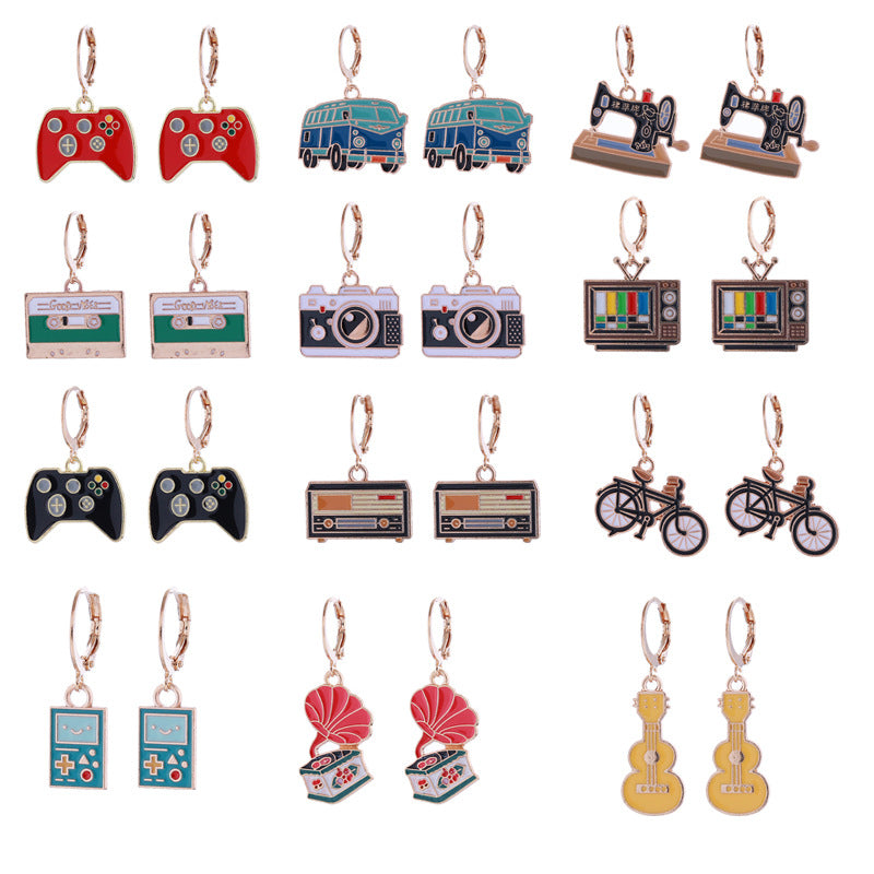 Retro Nostalgic Style Alloy Enamel Bicycle Bus Sewing Machine Tape Earrings