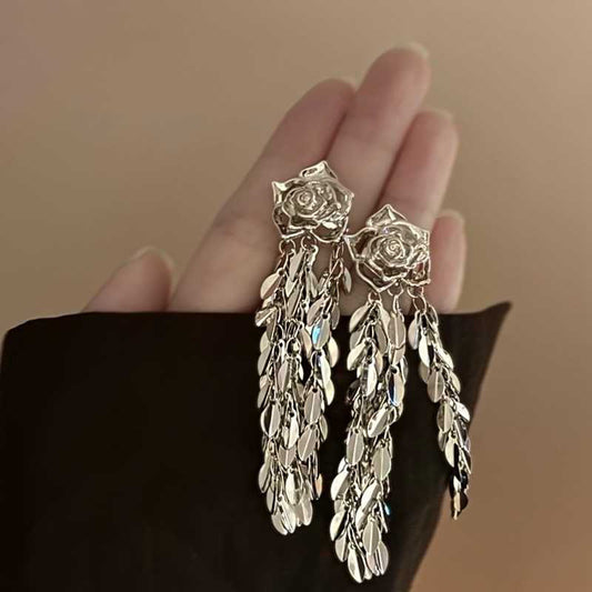 Metallic Long Rose Flower Tassel Exquisite High-grade Earrings