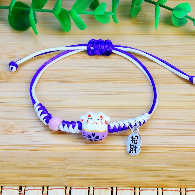 Ethnic Style Hand-woven Lucky Fortune Ceramic Cat Wax Line Double Bracelet