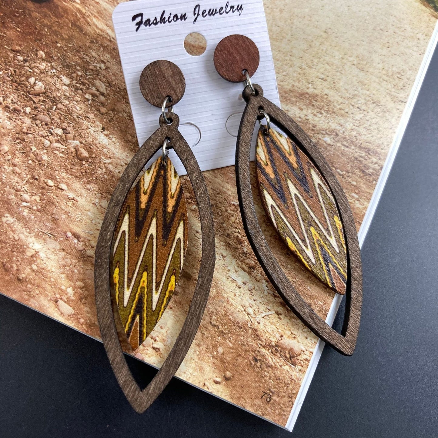Bohemian High-key Eardrop Wooden Leaves Geometric Earrings
