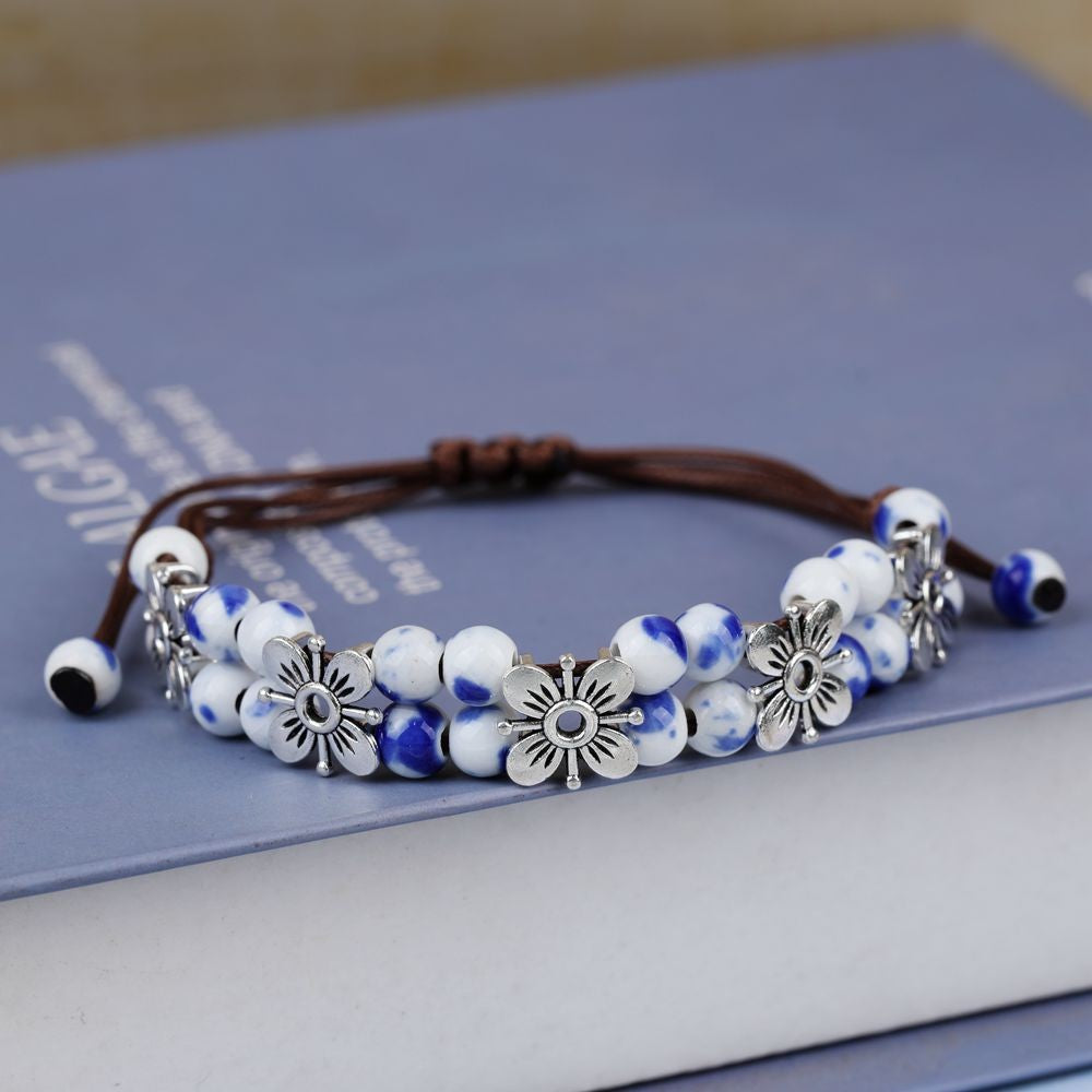 Bohemian Style Ceramic Beads Vintage Four-leaf Clover Copper Bracelets