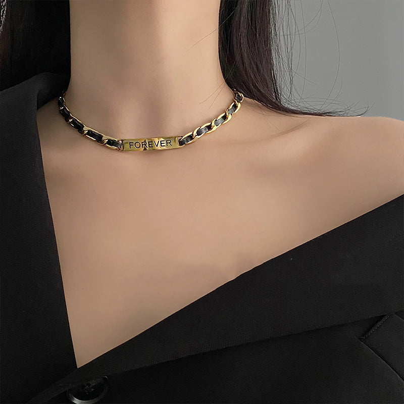 Design Leather Stitching Black Rope Curved Clavicle Chain Necklaces