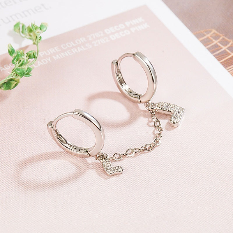 Korean Style Rhinestone Double Tassel Love Heart Ear Buckle