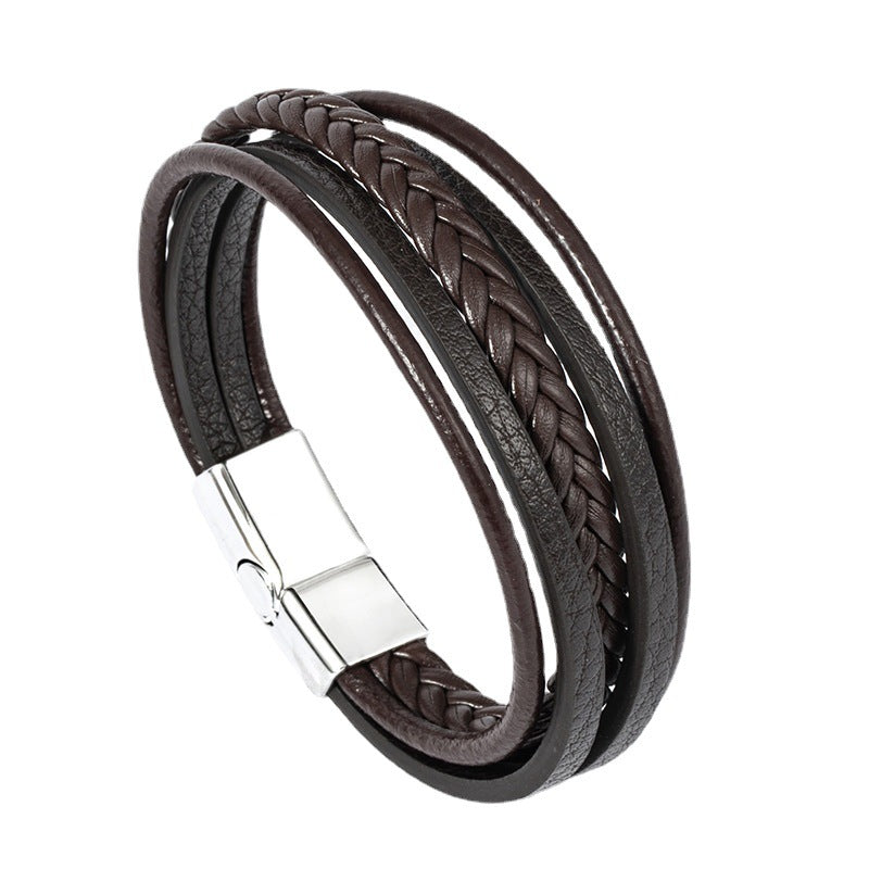 Men's Woven Alloy Magnetic Buckle Leather Rope Bracelets