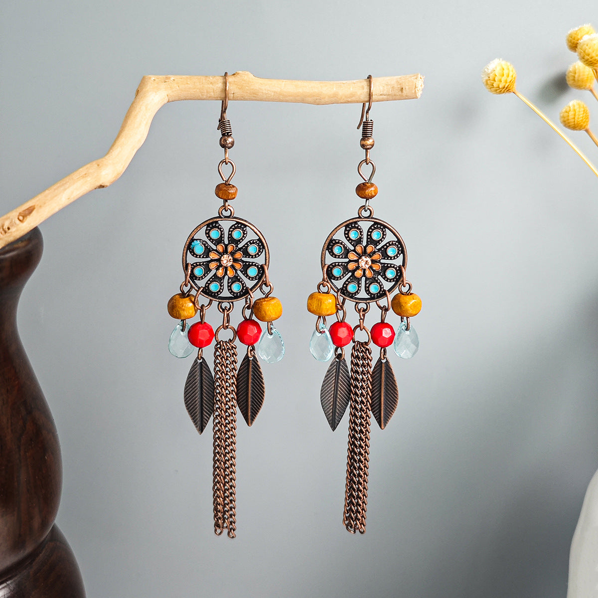 Turquoise Bohemian Palm Owl Bronze Carved Geometric Feather Earrings