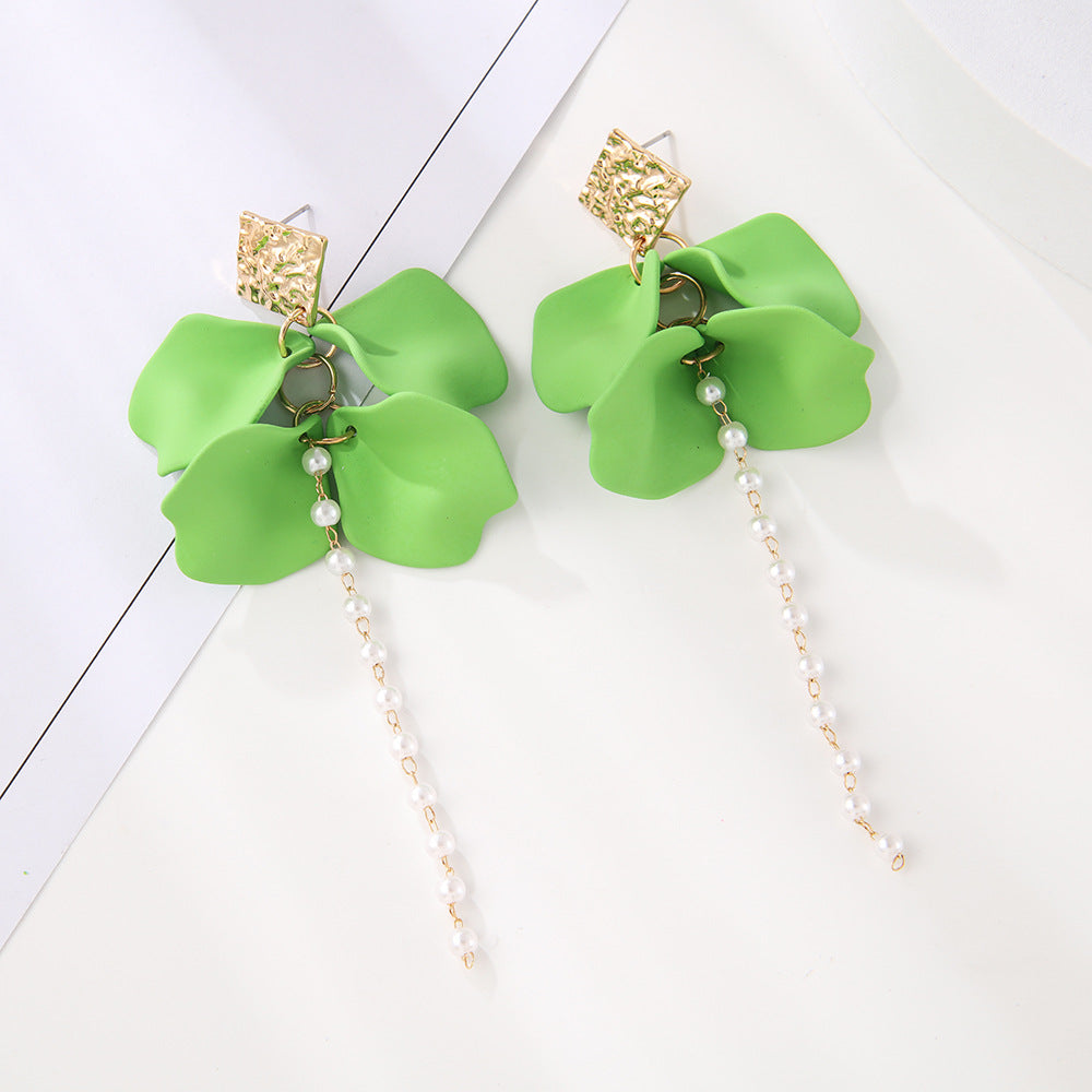 Style Red Blue Colorful Petals Pearl Long Trend Earrings