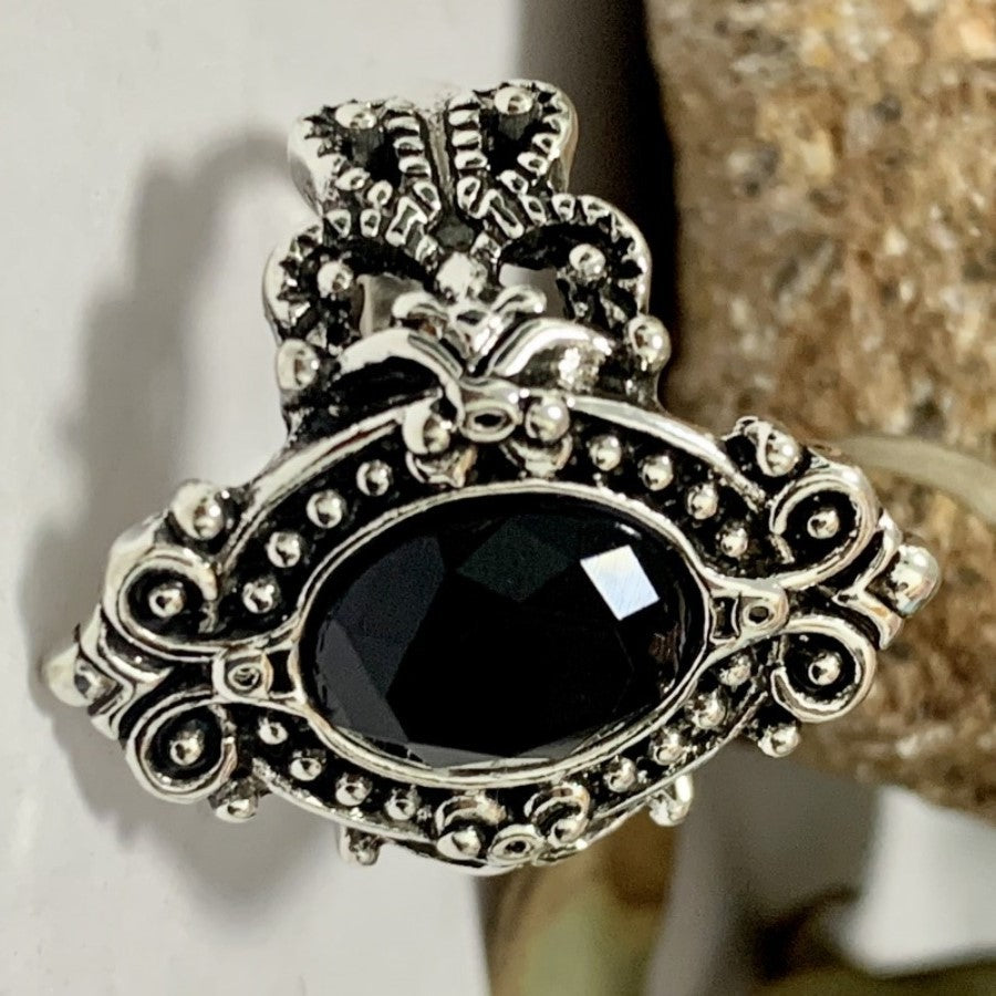 Black Synthetic Zircon Vintage Sier Plated Goose Ring