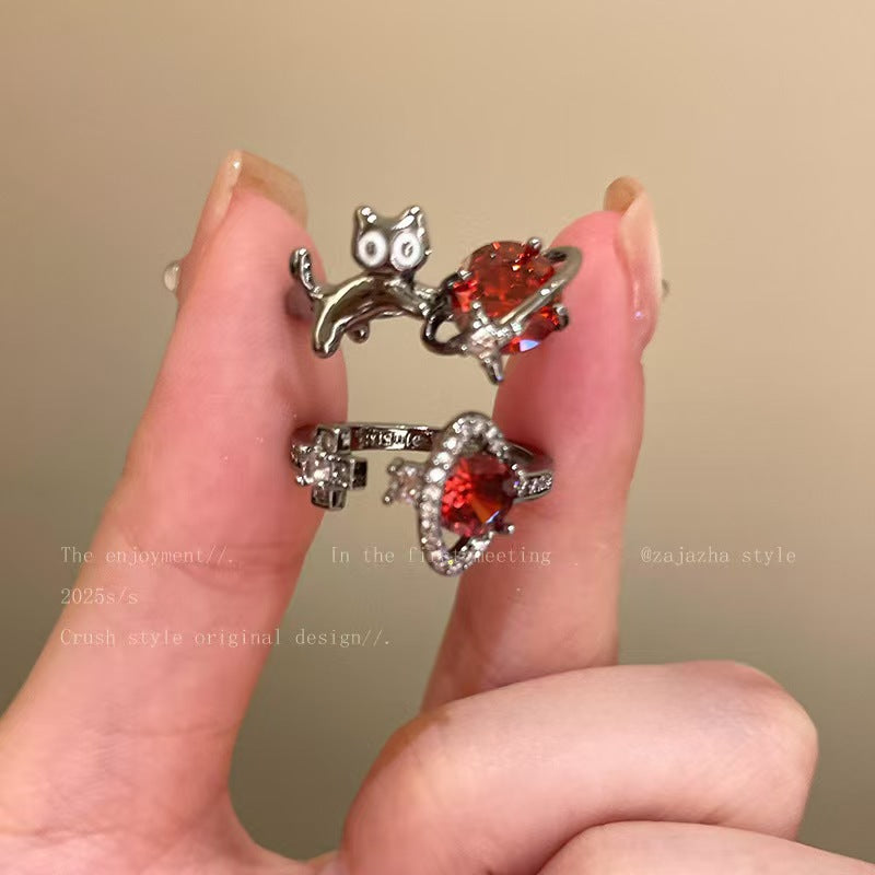 Female Light Luxury Minority Couple Cat Childlike Cute Dark Style Rings