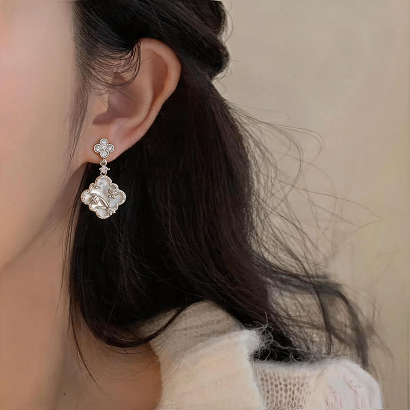 Needle Light Luxury Zircon Clover Flower Fritillary Stud Earrings
