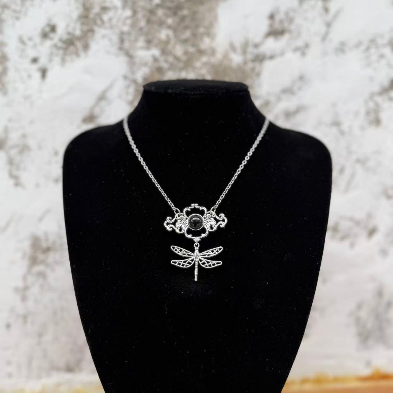 Vintage Pierced Black Gem Flower Butterfly Weird Necklace