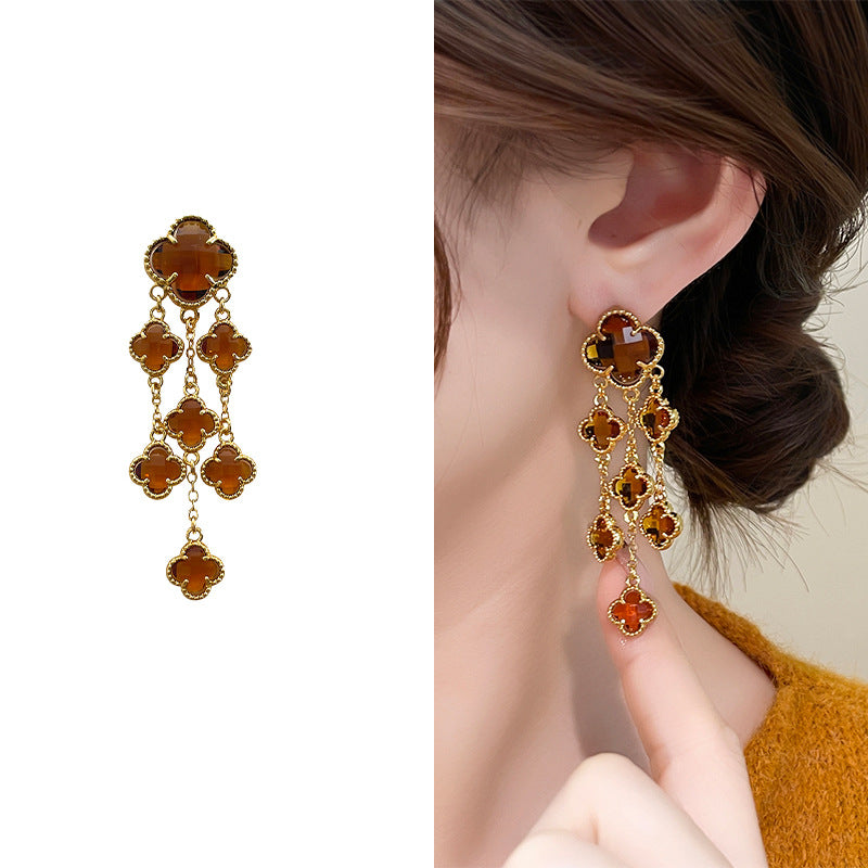 Gold Electroplated Glass Flower Tassel Retro Light Luxury Earrings