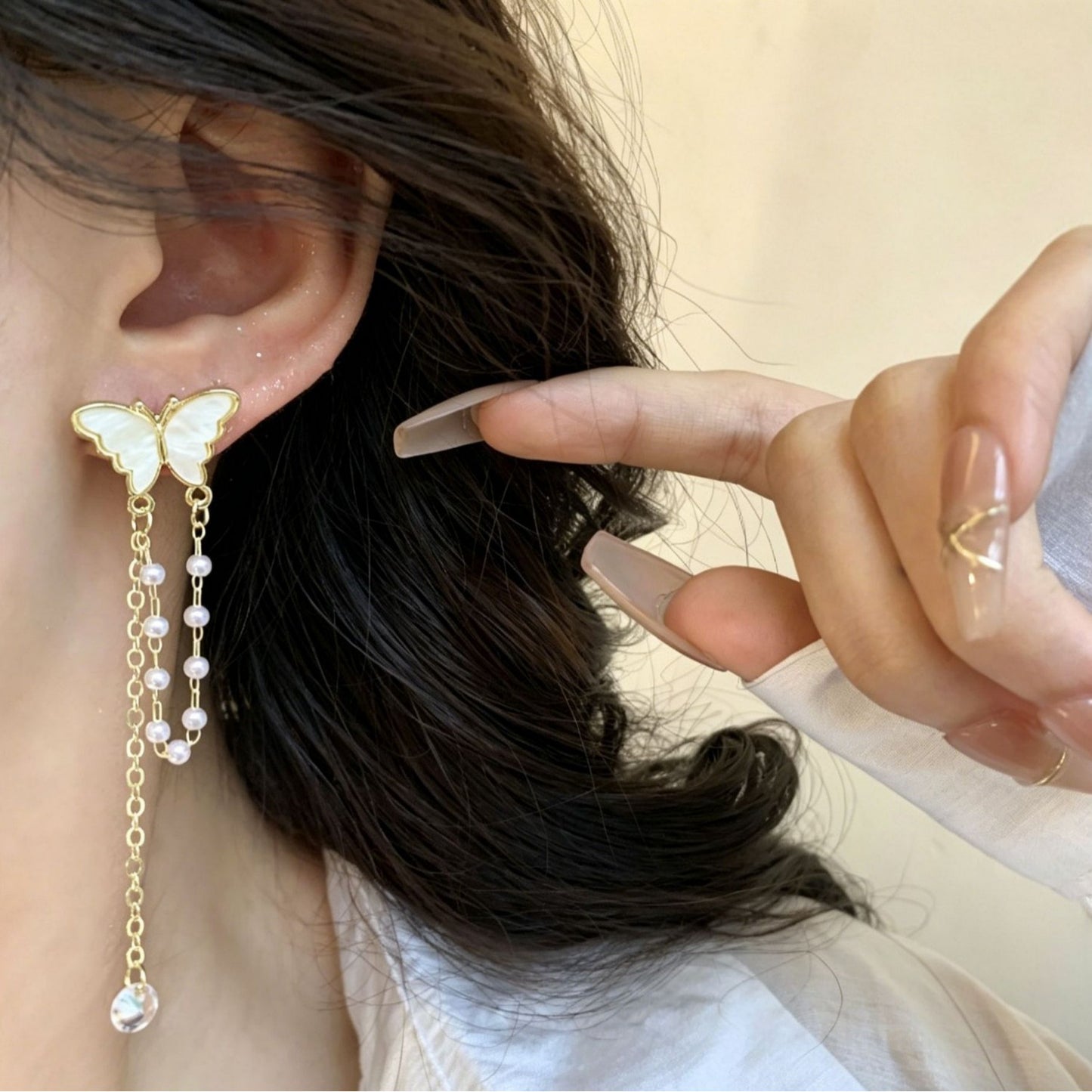 Fairy Fritillary Butterfly Pearl Tassel Design Personality Sier Long Earrings