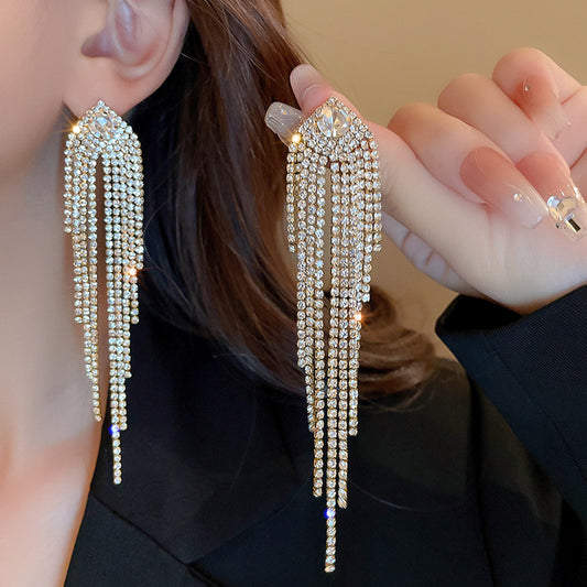 Women's Style Zircon Long Tassel Sier Pin Earrings