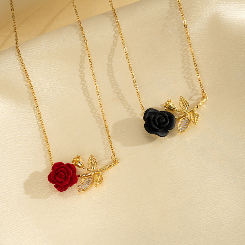 Romantic Red Roses Titanium Steel Female Wine Temperament Micro Inlaid Necklace