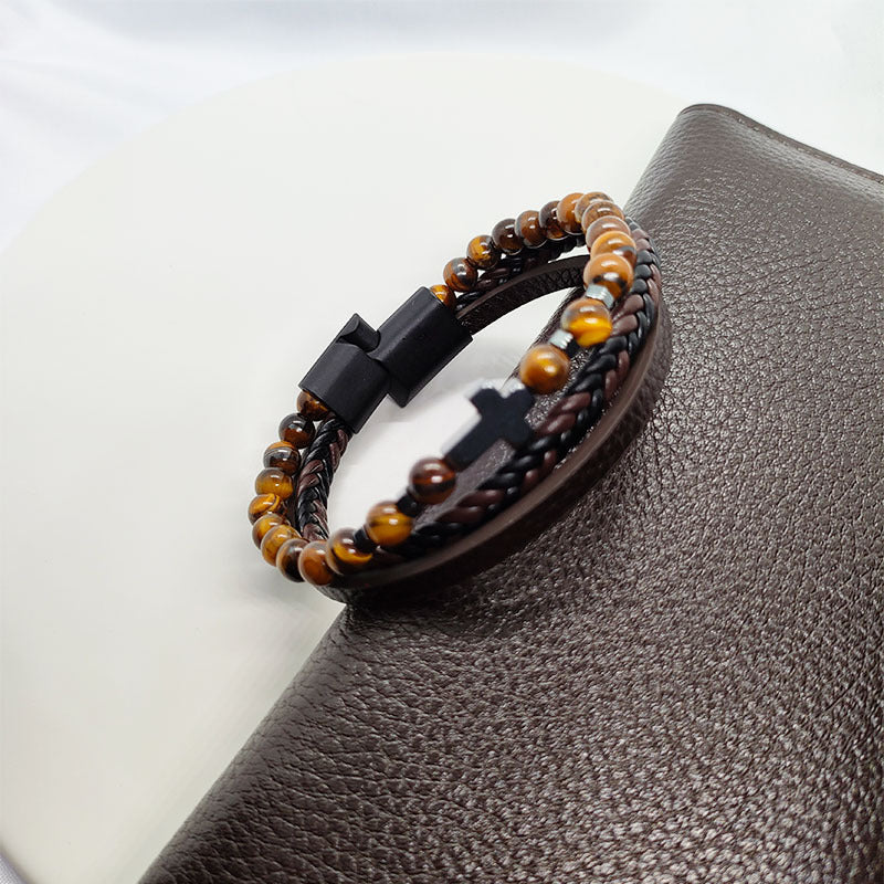Cross Hematite Personalized Fashion Woven Leather Tigereye Frosted Bracelets