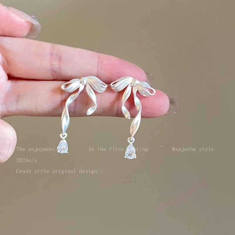 Ribbon Zircon Female Sweet Temperament Sier Earrings