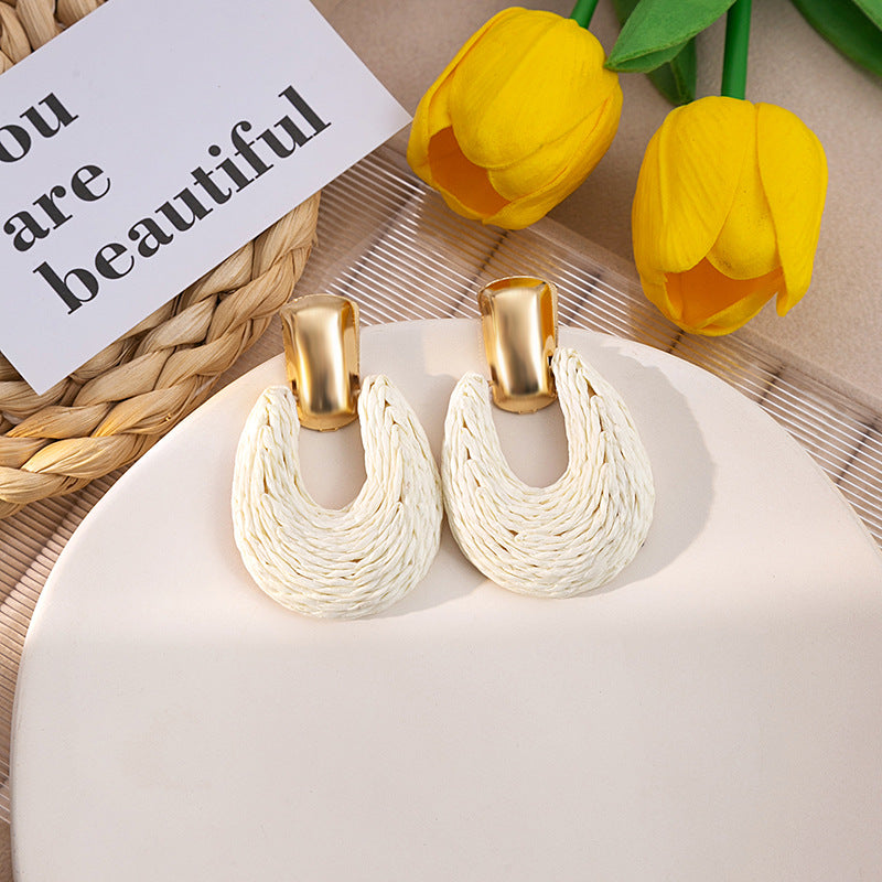 Colorful Raffia Geometric Hollow Circle Solid Color Earrings