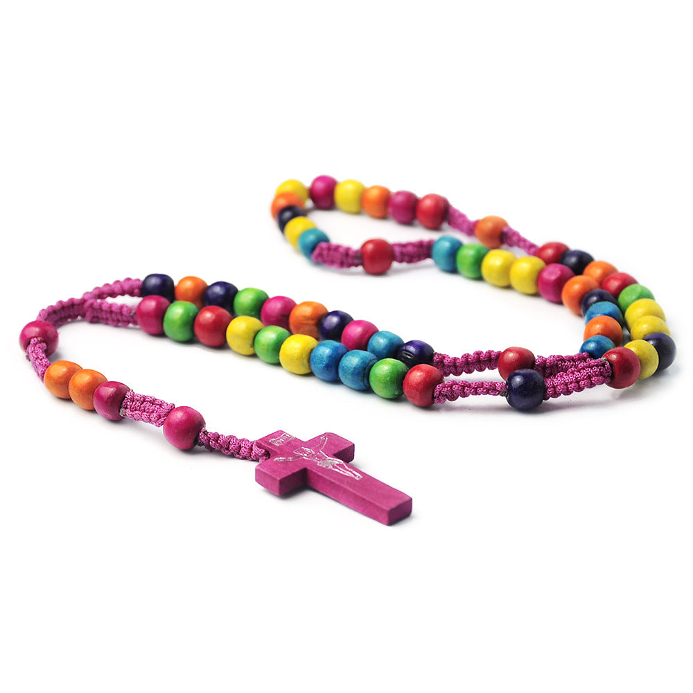 Colorful Wooden Bead Church Beads Cross Necklaces