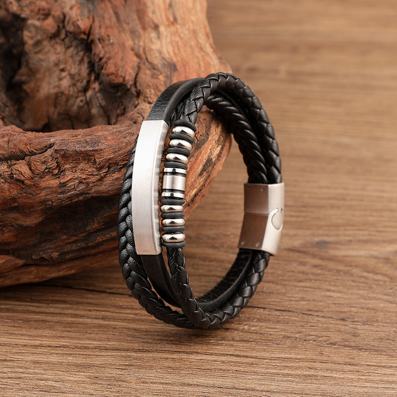 Men's Woven Stainless Steel Magnetic Buckle Leather Bracelet