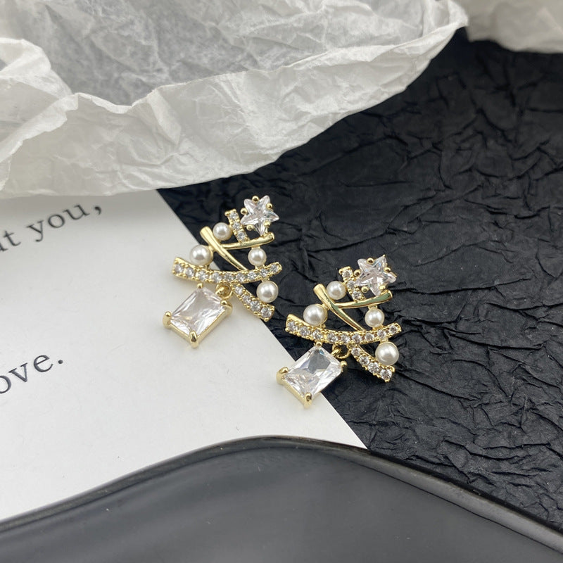 Christmas Light Luxury Pentagram Unique Cross Geometric Square Zircon Tree Stud Earrings