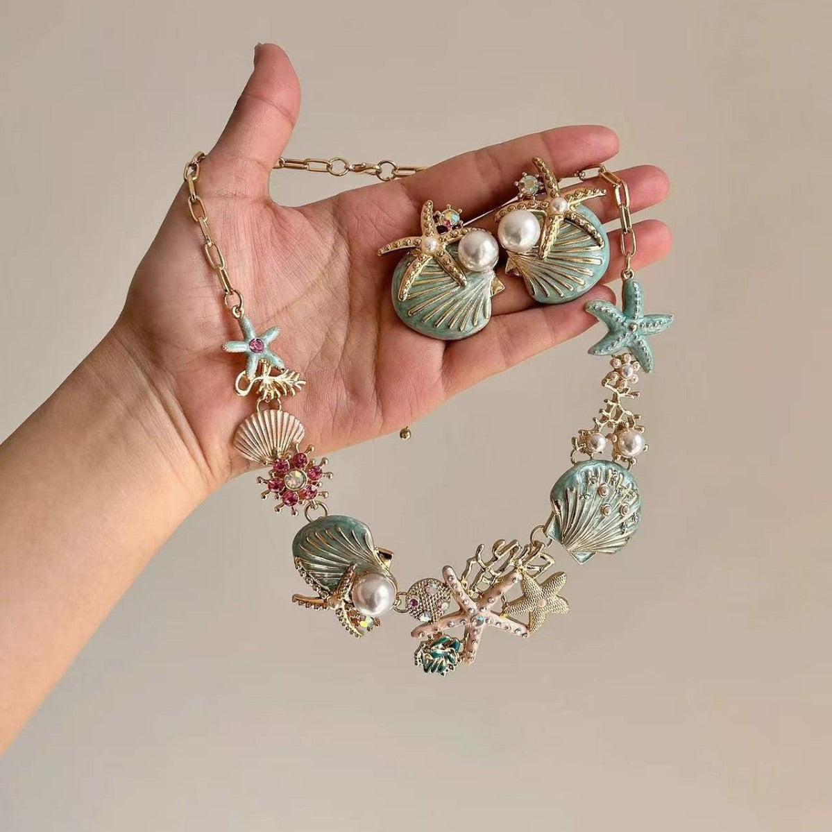 Women's Coral Secret Vacation Style Shell Starfish Pearl Marine Necklace