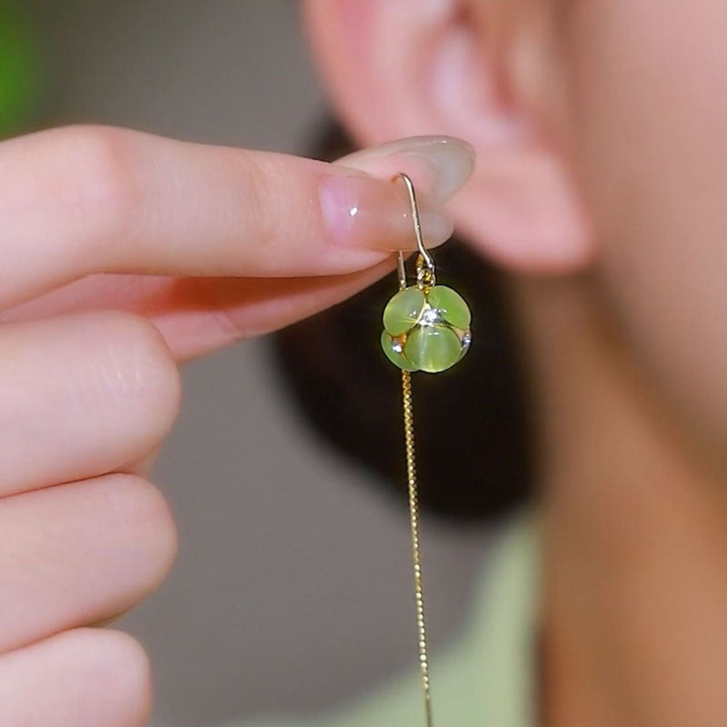Green Opal Ball Tassel Temperament Long Rings