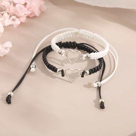 Black White Openwork Love Woven Adjustable Couple Bracelets