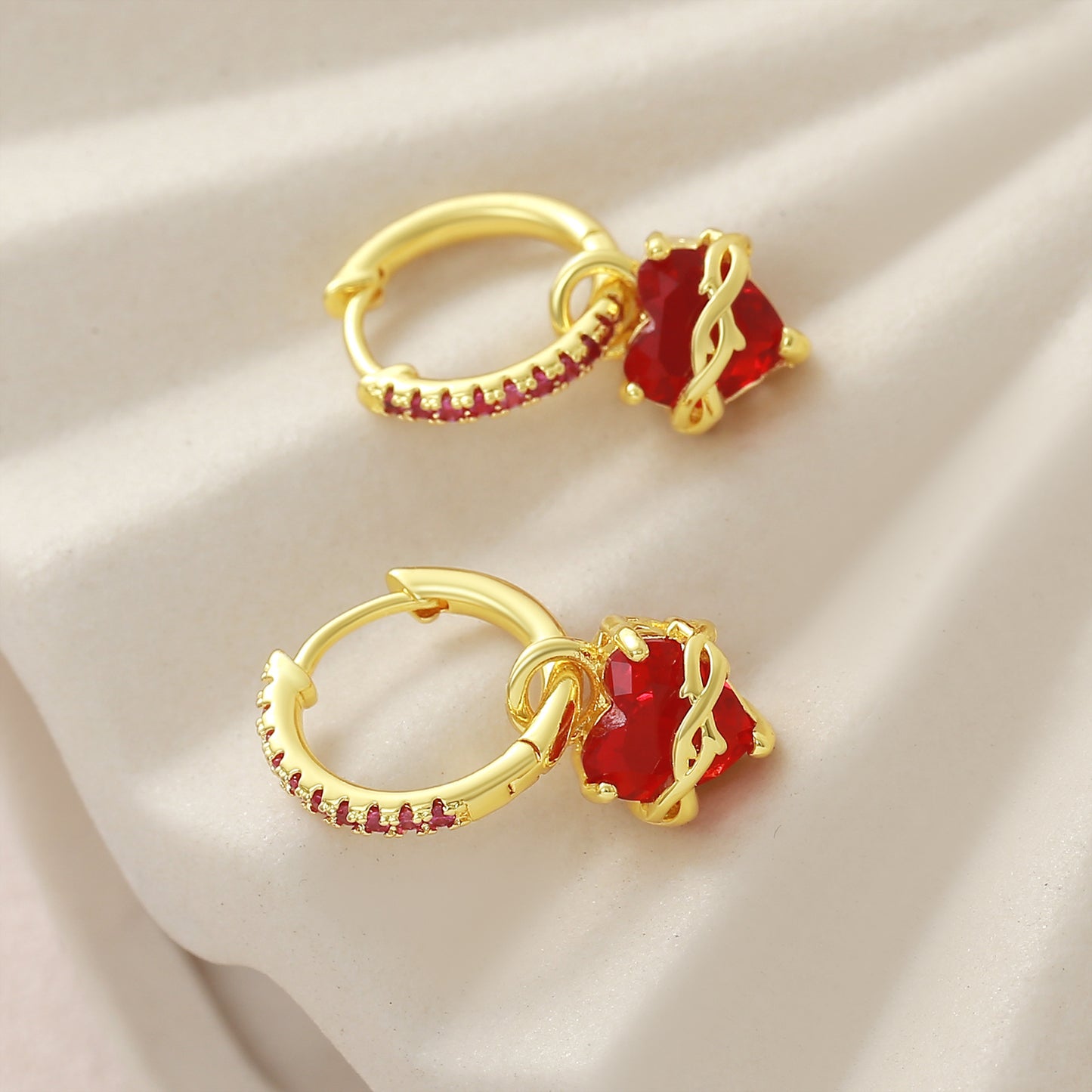 Women's Gold Red Love Heart Gem Thorn Inlaid Zircon Design Sense Earrings