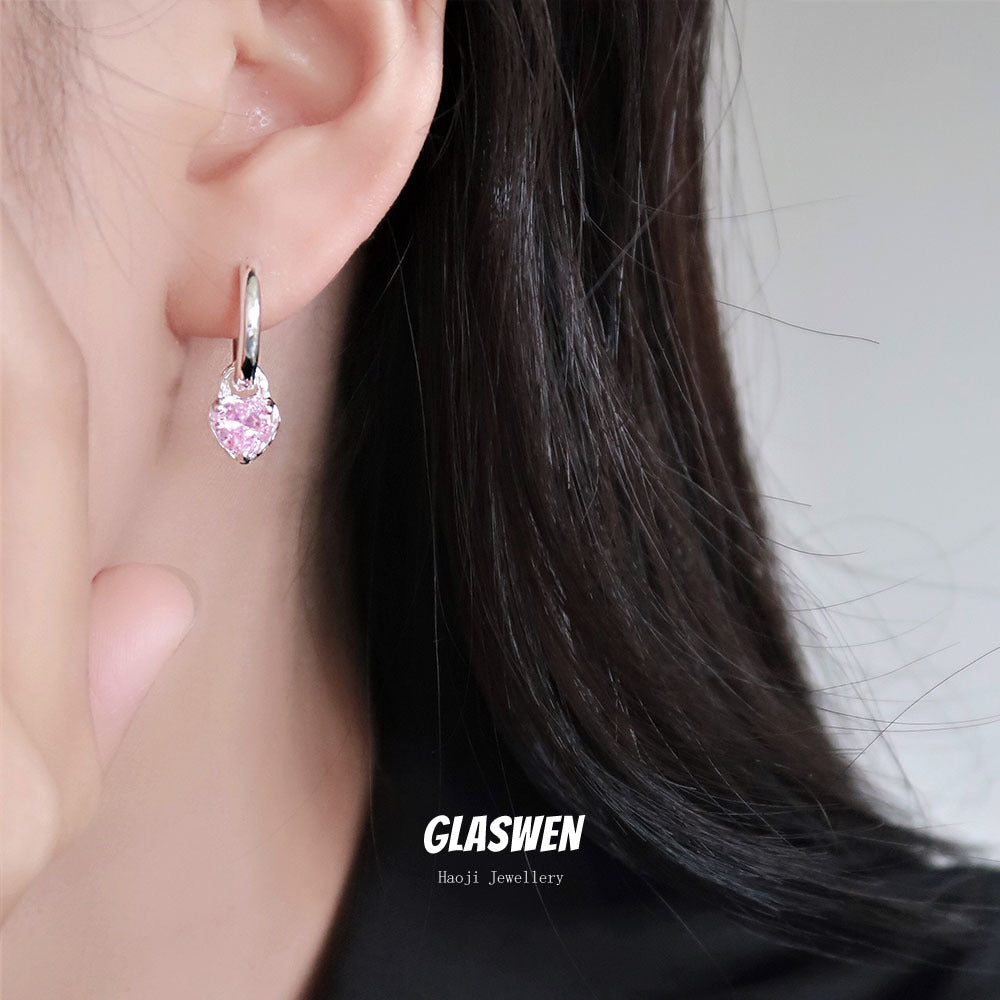 Women's Pink Diamond Love Heart Niche Bag Fashion Heart-shaped Eardrops Ear Earrings