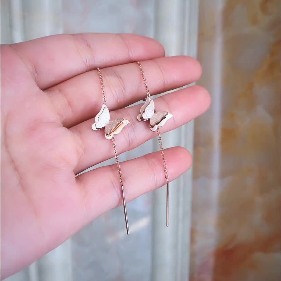 Women's Titanium Steel Temperamental Golden Butterfly Long Design Ear Line