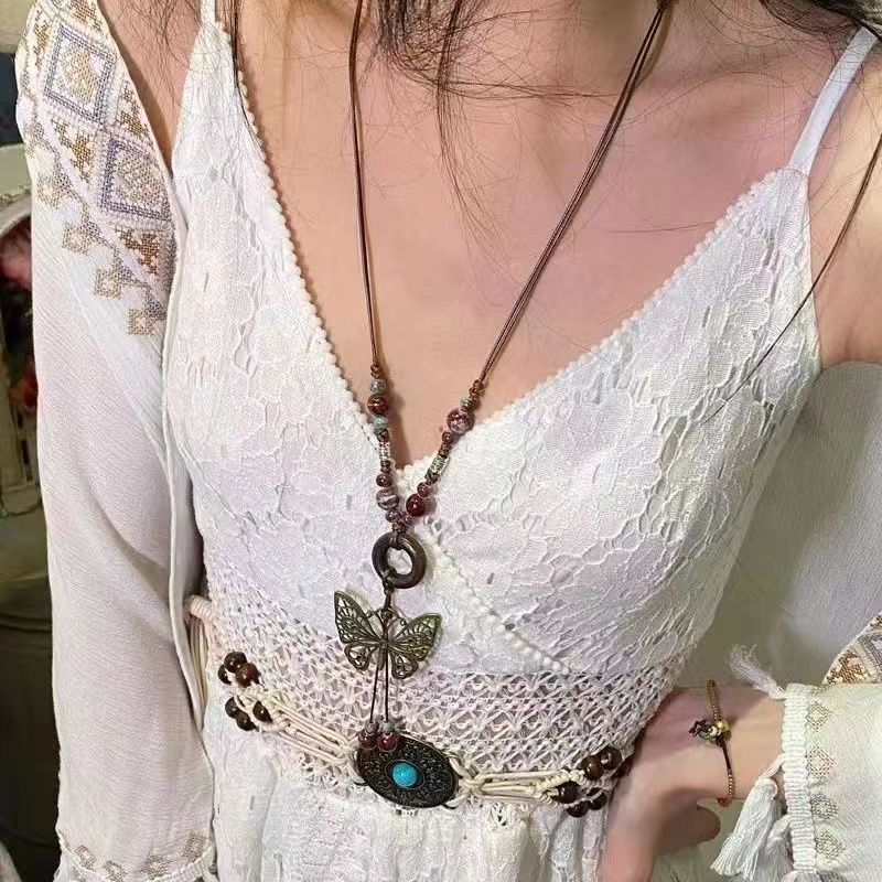 Women's Hollow Butterfly Ceramic Beaded Retro Ethnic Style Long Necklace