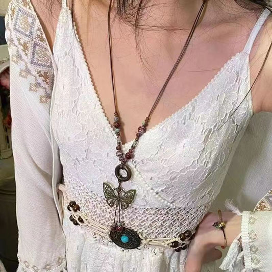 Women's Hollow Butterfly Ceramic Beaded Retro Ethnic Style Long Necklace