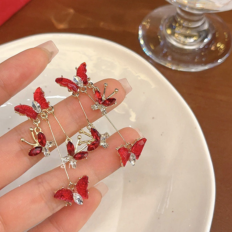 Color Butterfly Female Niche Design Tassel Red High-grade Light Stud Earrings