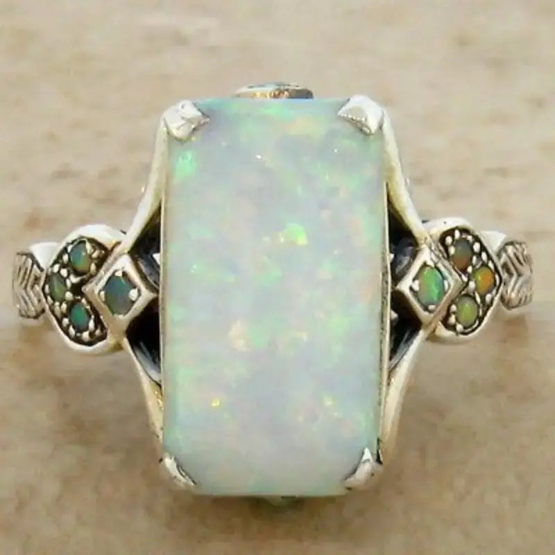 Square White Opal Ancient Sier Bride Lady Wedding Rings