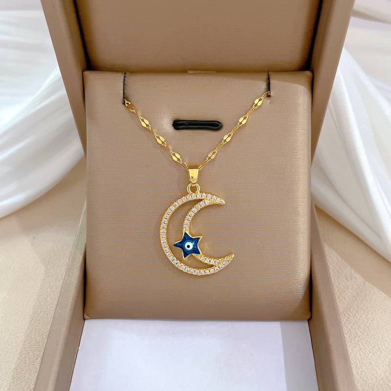 Titanium Steel Light Luxury Moon Full Diamond Design Temperament Necklaces