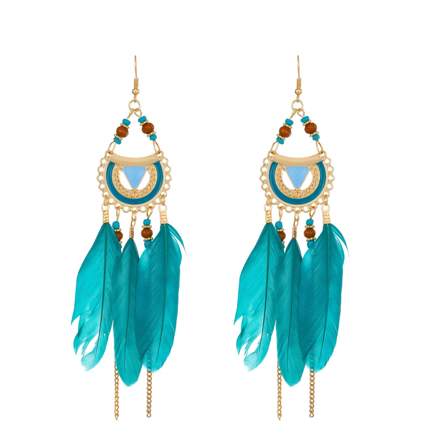 Semicircle Feather Popular Long Bead Chain Tassel Ethnic Rings
