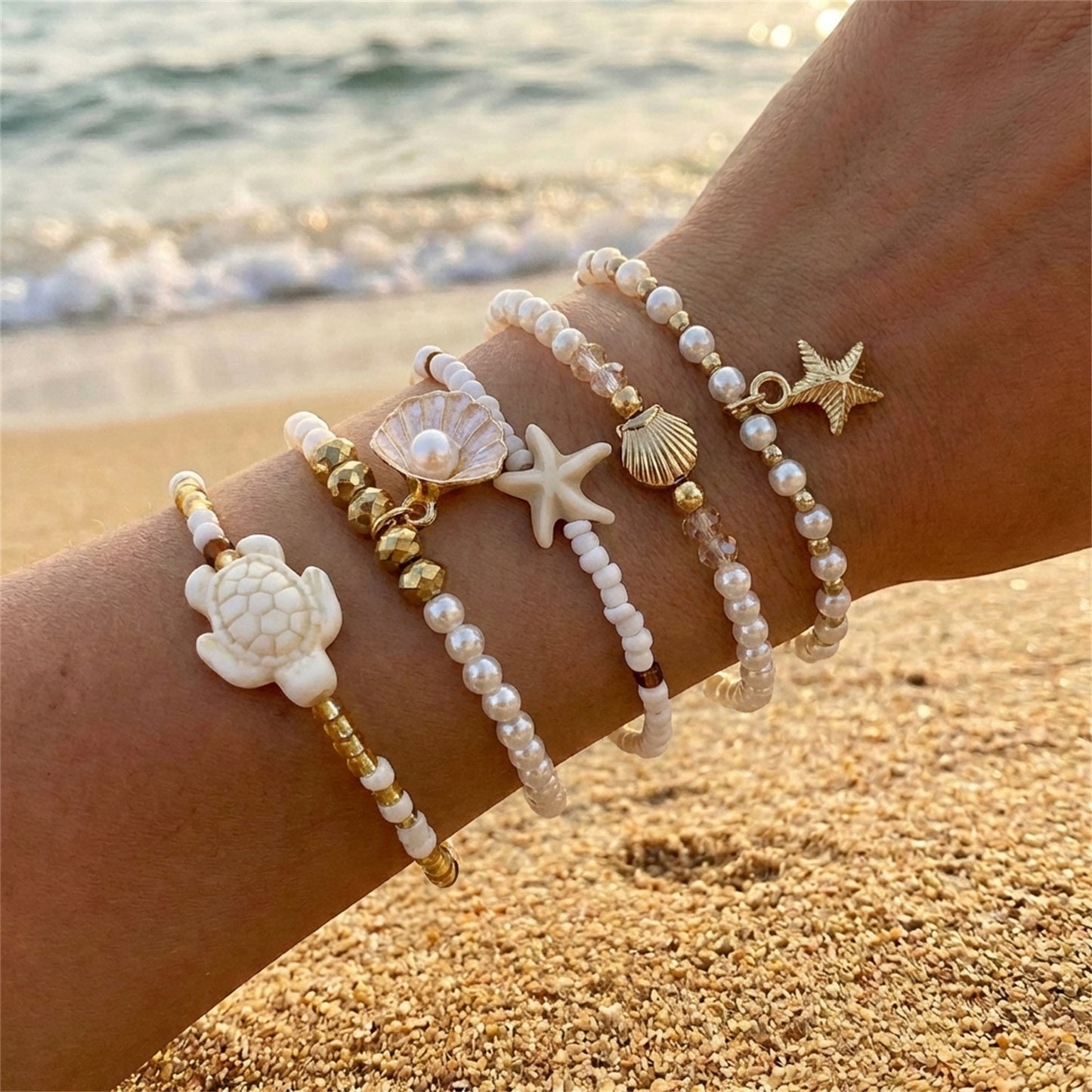 Style Starfish Shell Pearl Vacation Turtle Fishtail Beaded Bracelet