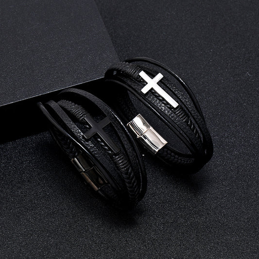 Men's Leather Woven Korean Style Glossy Magnetic Snap Cross Imitation Bracelets