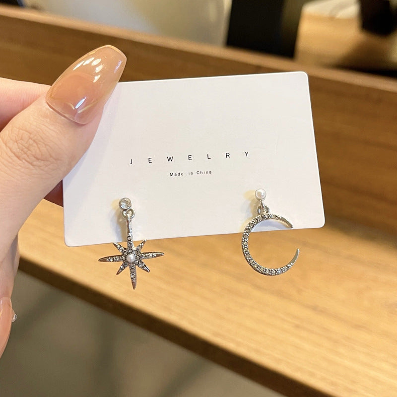 Sier Needle Creative Hot Personality Asymmetric Style Moon Fashion Ear Earrings