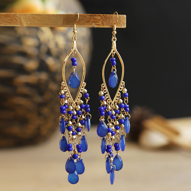 Women's Chinese Style Ethnic Personalized Minority Water Drop Crystal Tassel Earrings