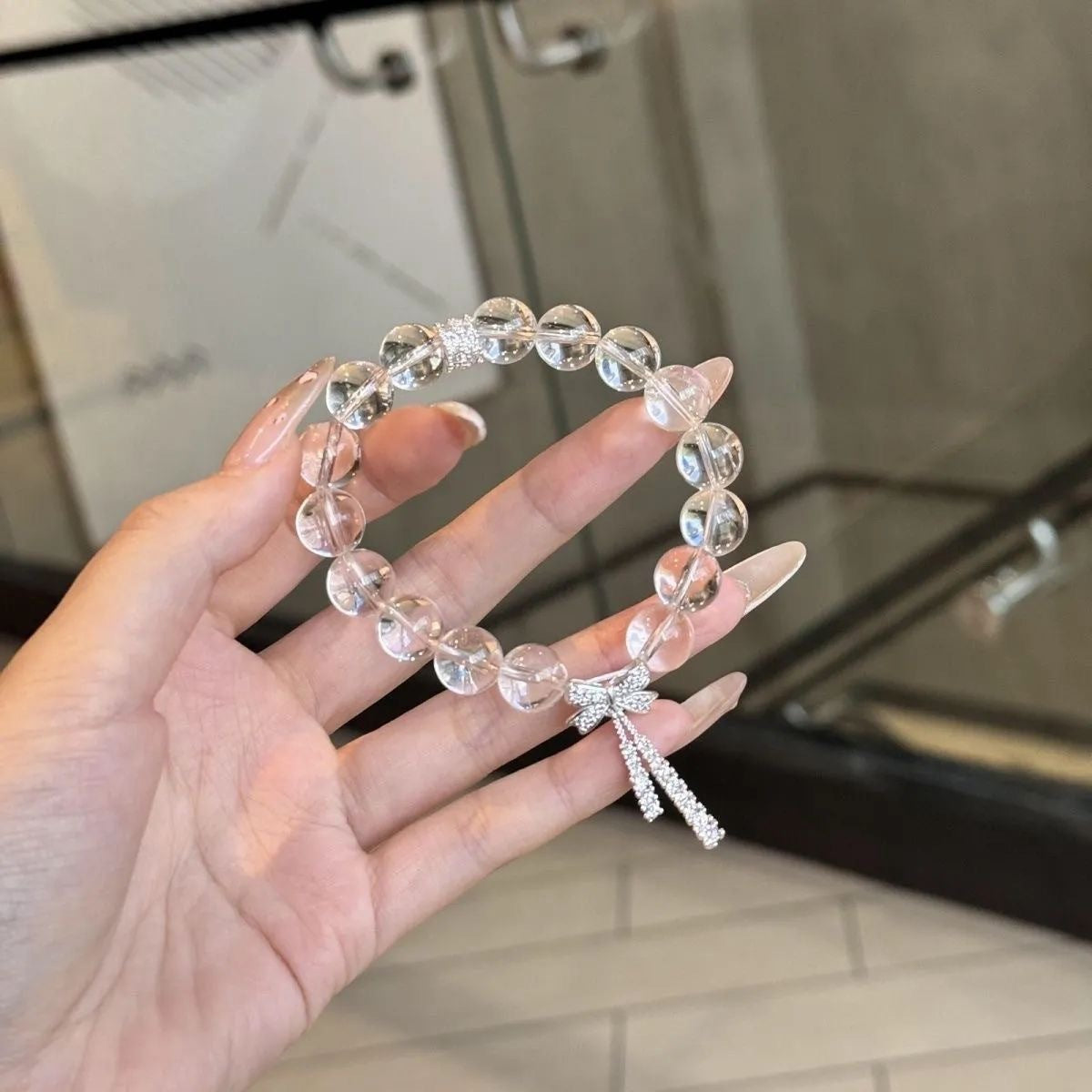 White Beaded Bow Ribbon Summer Cool Sweet Temperamental Bracelet