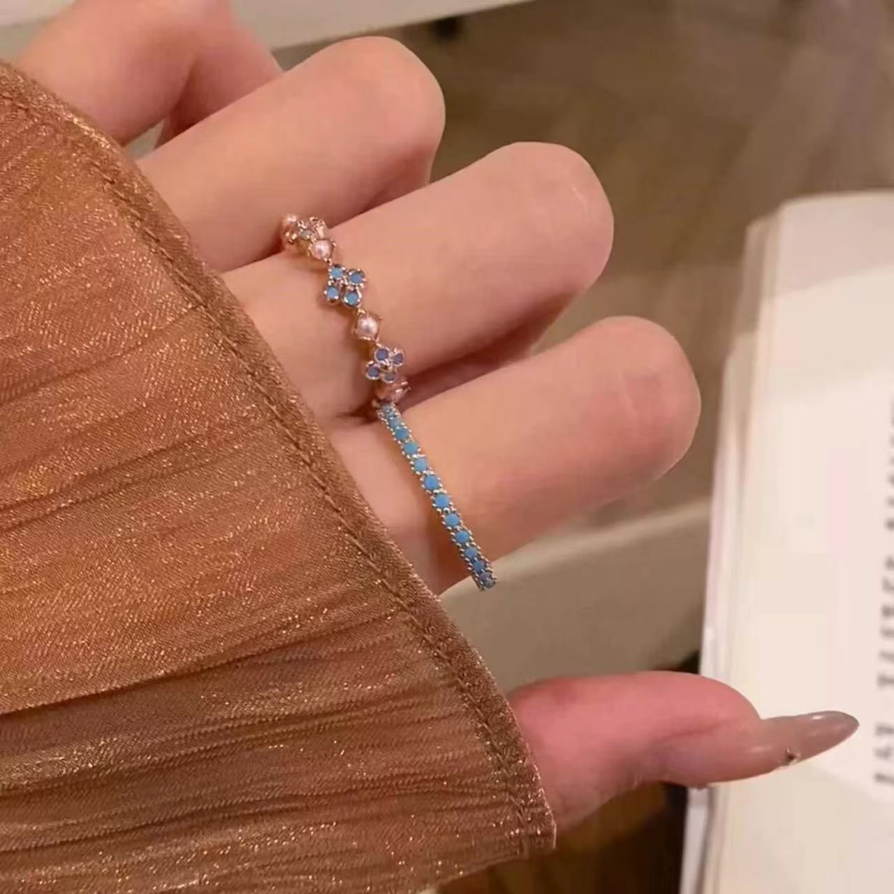 Women's Blue Little Flowers Gold Simple Imitation Turquoise Index Finger Rings