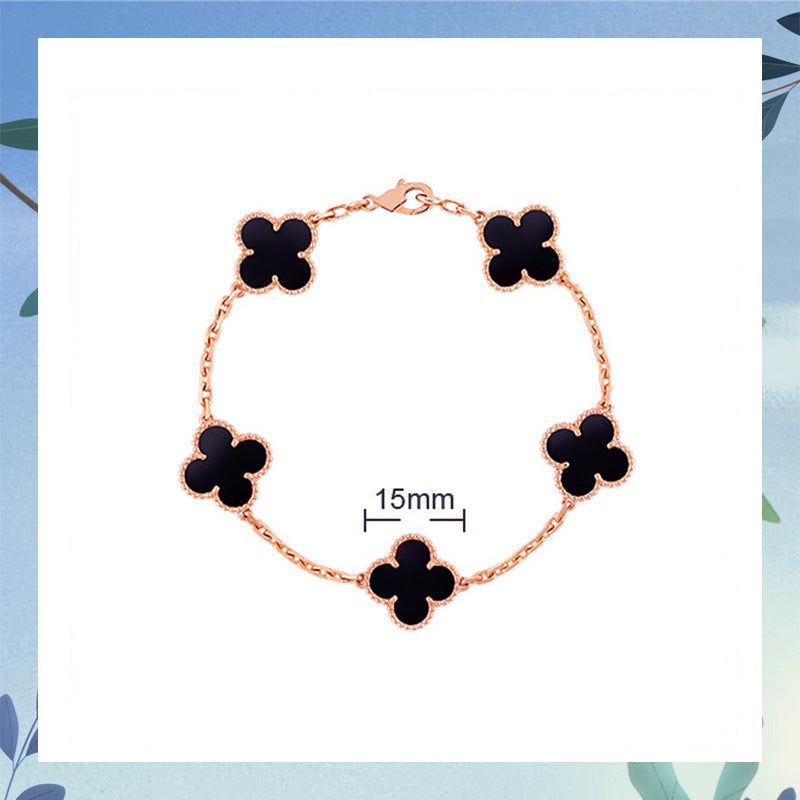 Women's Four-leaf Clover Rose Gold Red Agate Black White Shell Flower Bracelet