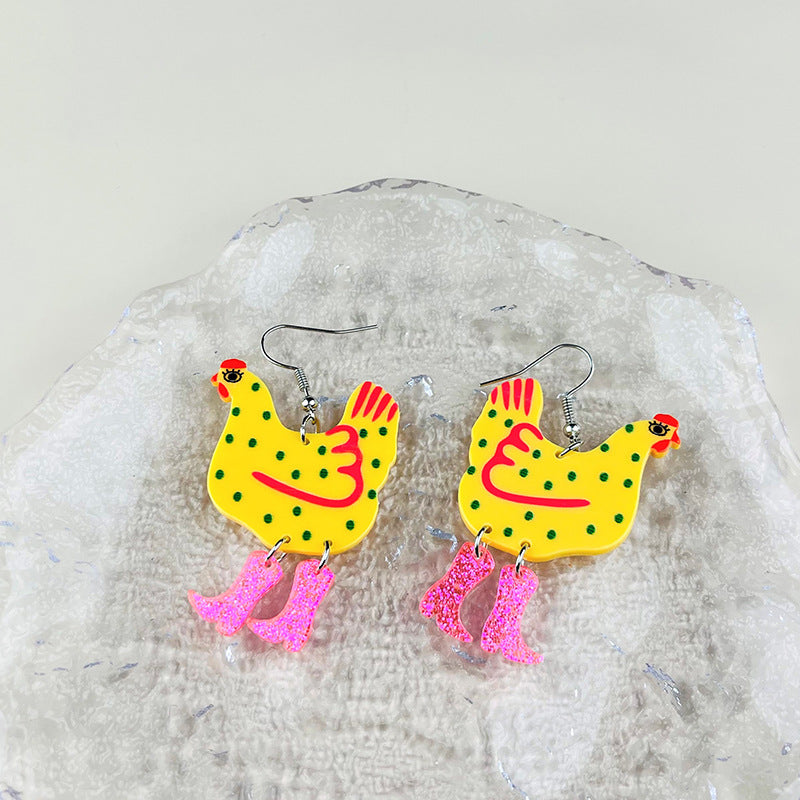 Creative Rooster Stitching Acrylic Printing Chicken Strange Earrings