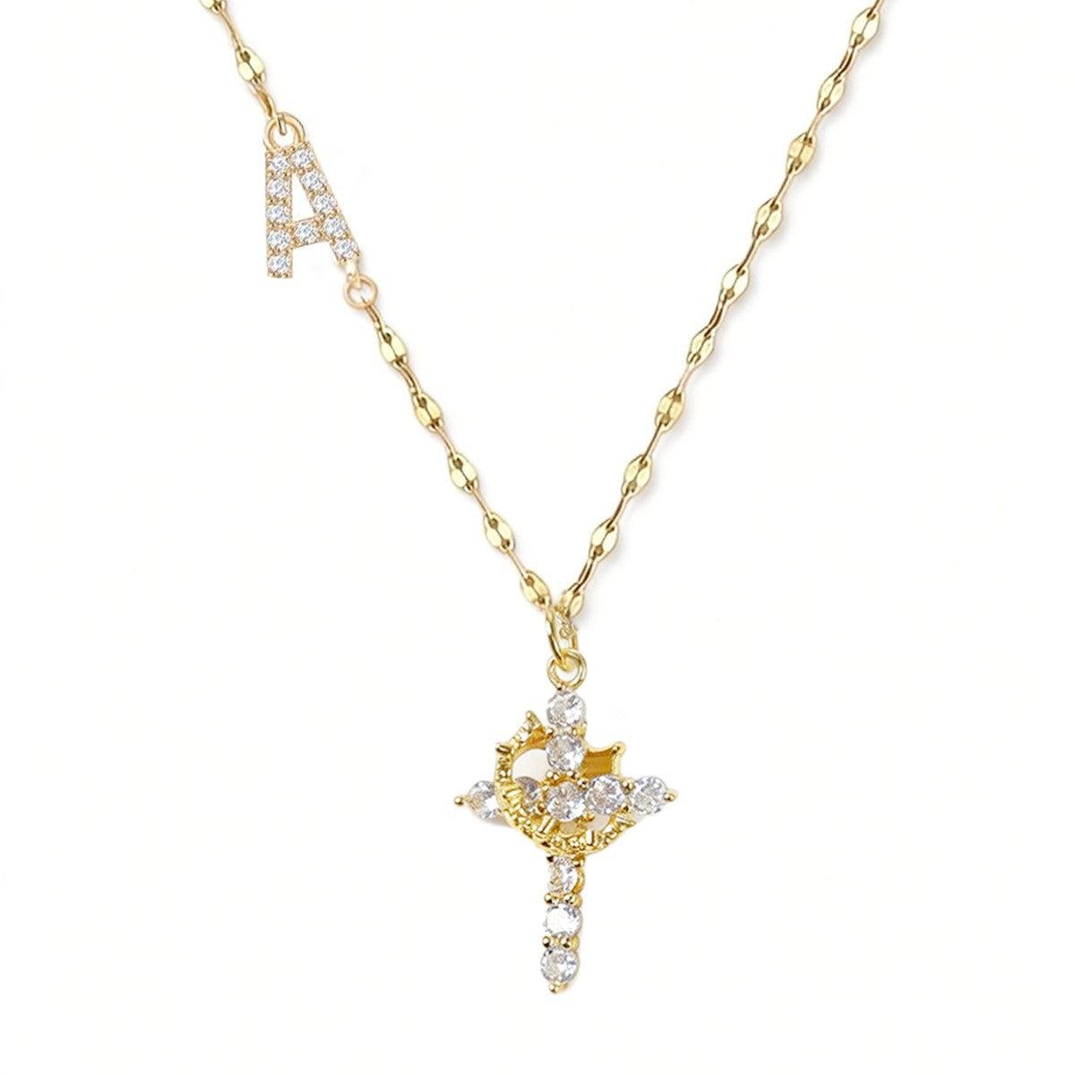 Full Diamond Rotatable Crown Cross With Letters Gold-plated Necklace